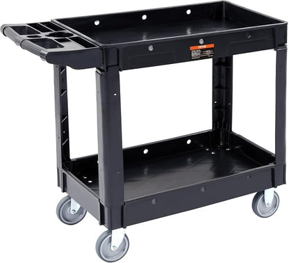 VEVOR Utility Service Cart, 2 Shelf 550LBS Heavy Duty Plastic Rolling Utility Cart, Medium Lipped Shelf, 360° Swivel Wheels, Ergonomic Storage Handle for Warehouse Garage, Black | Heavy Duty Rolling Cart with 360° Swivel Wheels, Medium Lipped Shelf, Er...