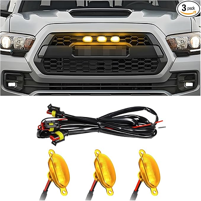3PCS Car Grille Lights, Bright LED Vehicle Front Grille Trim DRL Lamps with Wiring Harness, Waterproof Auto Exterior Grid Bumper Running Light, Compatible with F150 F250 F350 (Yellow)