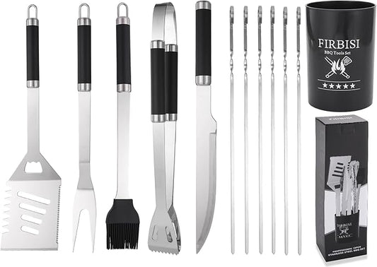BBQ Grilling Tools Set,12pcs Grilling Accessories Kit for Men Gift, BBQ Grill Utensils Gift Kit with Storage Bucket BBQ Tools Grill Tools Set for Outdoor Grill (Black)