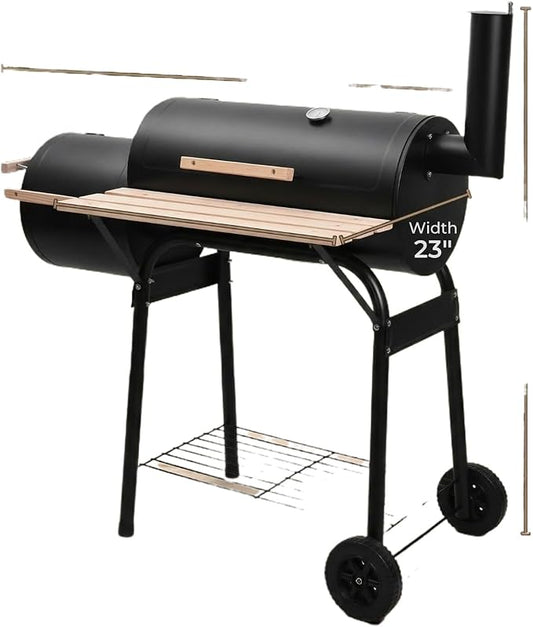 Charcoal grill with offset design, smoking stove, wood-fired grill with spacious cooking area, barrel-style grill and grill set, suitable for outdoor balcony picnics, gatherings and camping. (40in)