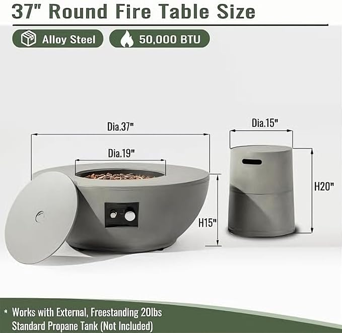 37" Propane Gas Fire Pit Table - 50,000 BTU Smokeless Burner, Pulse Ignition & Two-Level Adjustment, Grey Round Steel Fire Pit with Tank Holder, All-Weather Concrete Finish
