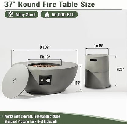 37" Propane Gas Fire Pit Table - 50,000 BTU Smokeless Burner, Pulse Ignition & Two-Level Adjustment, Grey Round Steel Fire Pit with Tank Holder, All-Weather Concrete Finish