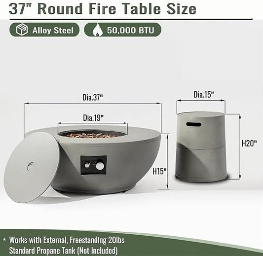 37" Propane Gas Fire Pit Table - 50,000 BTU Smokeless Burner, Pulse Ignition & Two-Level Adjustment, Grey Round Steel Fire Pit with Tank Holder, All-Weather Concrete Finish