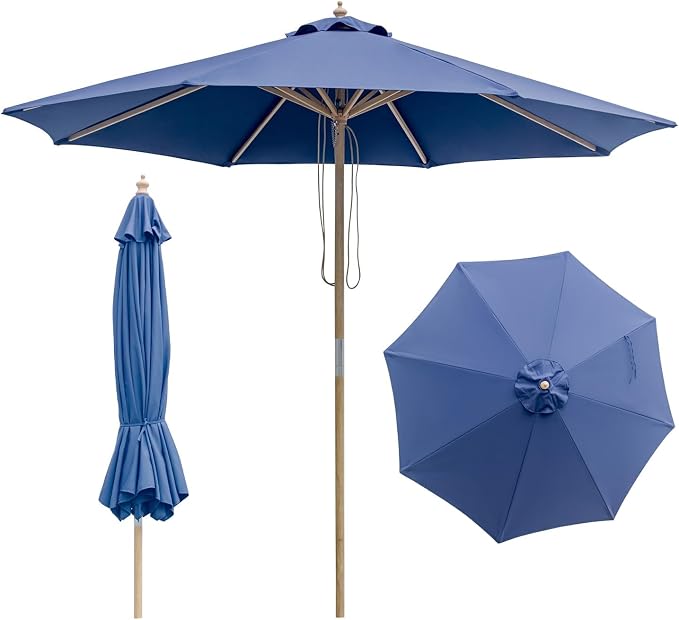 9FT/10FT Wood Patio Umbrella, Large Outdoor Table Pool Umbrella | 205G Olefin/180G Polyester Fabric, Push-Pull Operation Market Umbrella, 8 Rib Vented Canopy, Ideal for Patio, Backyard