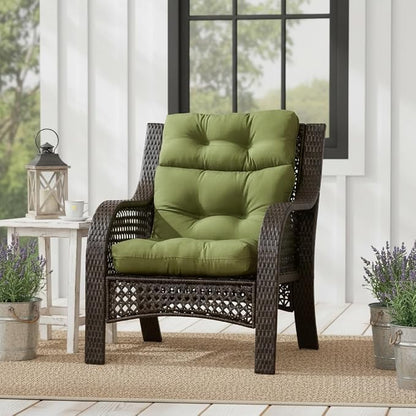 Outdoor Tufted High-Back Chair Cushions, One-Piece Hinged Seat and Back Design, Reversible with 4 Ties, Durable Polyester Fabric, Recycled Fiber Fill - Single, Hunter Green