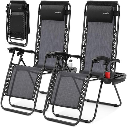 SereneLife Zero Gravity Outdoor Lounge Chairs 2 Pack – Folding Recliners with Side Table, Cup Holder & Padded Headrest – Adjustable Patio Chairs for Lawn, Garden, Deck, Camping (Black)