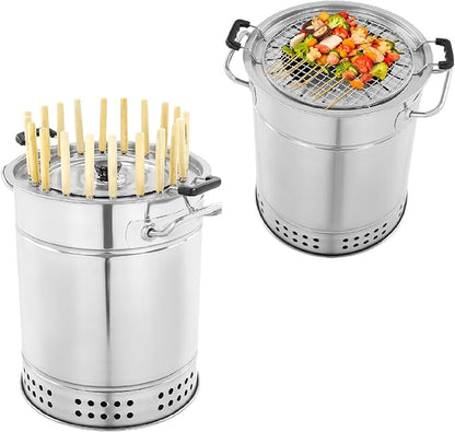 Smokeless Barbecue Charcoal Barrel, 2-In-1 Stainless Steel Thermal Insulation Charcoal Kebab Grill with Skewers & BBQ Net for Picnics, Camping, Traveling, Parties (20 Skewers)