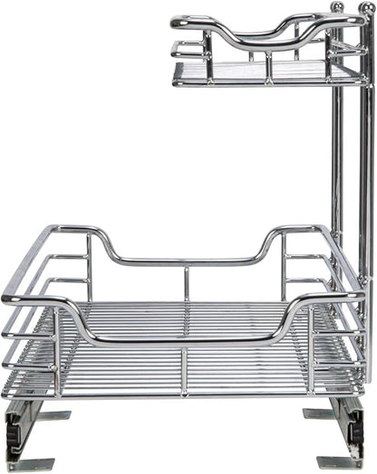Household Essentials Glidez 2‑Tier Large Multipurpose Chrome‑Plated Steel Pull‑Out/Slide‑Out Under Sink Organizer, Chrome Finish