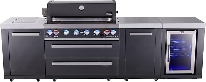 Mont Alpi 119"W x 23"D x 46"H Black Stainless Steel Outdoor Kitchen Island with Refrigerator + 44"W 6-Burner BBQ Grill + Granite Countertops + Storage Cabinets + Chopping Board + Rotisserie + Cover