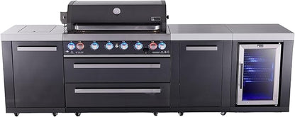 Mont Alpi 119"W x 23"D x 46"H Black Stainless Steel Outdoor Kitchen Island with Refrigerator + 44"W 6-Burner BBQ Grill + Granite Countertops + Storage Cabinets + Chopping Board + Rotisserie + Cover