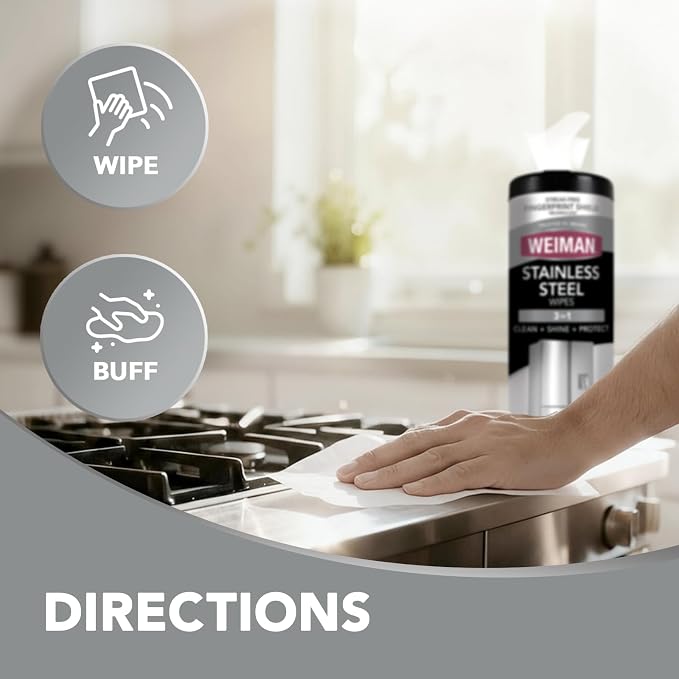 Weiman Stainless Steel Cleaner & Polisher, 30 Ct Wipes, Kitchen Appliance | Anti Fingerprint, Tetrachloroethylene (PCE) Free, Removes Water Spots & Grease, No Streaks or Residue, Metal Polish, Chrome,