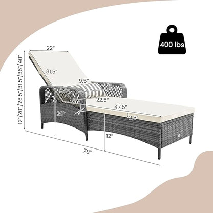 Tangkula Wicker Chaise Lounge Outdoor, Patio Rattan Reclining Chaise with 6-Gear Adjustable Backrest, Thick Padded Cushion & Removable Lumbar Pillow, Pool Lounge Chairs for Outside Balcony Backyard