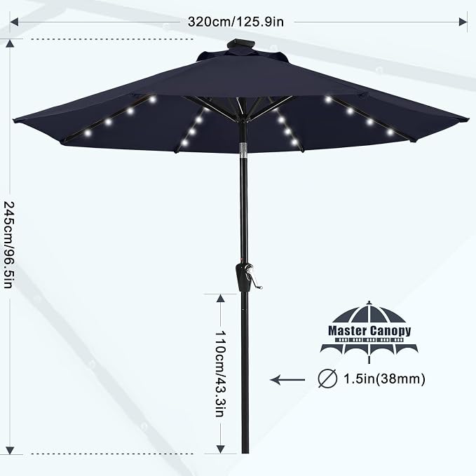 MASTERCANOPY 11ft Patio Umbrella with Solar Lights, Navy Blue | 8 Ribs, 32 Solar LED Lights, Tilt & Crank, UV/Water-Resistant, Easy Setup – Ideal for Garden, Deck, Pool