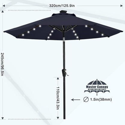 MASTERCANOPY 11ft Patio Umbrella with Solar Lights, Navy Blue | 8 Ribs, 32 Solar LED Lights, Tilt & Crank, UV/Water-Resistant, Easy Setup – Ideal for Garden, Deck, Pool