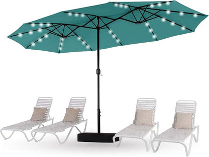 15ft Patio Umbrella with Solar lights & Base, Large Umbrellas, Turquoise | HERA'S PALACE Rectangle Double Market Umbrella with 36 LED Lights, Big Outdoor Umbrellas for Pool Picnic Inground Yard Deck