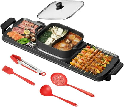 2250W Electric Grill and Hot Pot Combo, 29 x 9.5 Inch Smokeless Indoor BBQ Grill with Easy to Clean, Dual Zone Temperature Control, Includes Food Tongs, Oil Brush, Soup Spoon, Strainer Black