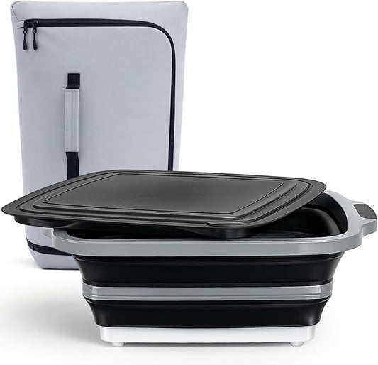 Funnymoom 2pcs Large Barbecue Prep Set Include 8 Gal/30l Collapsible BBQ Prep Tub with Lid and Cutting Board 270° Opening BBQ Blanket for Resting Meat(21inch) Leak-proof Smoker Blanket Insulated