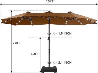 GREEN PARTY 15 ft Large Outdoor Patio Umbrella with Solar Led Lights & Base Included, Double-Sided Rectangular Table Umbrella with Stand, Market Umbrellas for Deck Poolside Garden Backyard, Tawny