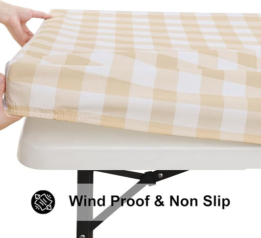 Smiry Rectangle Picnic Table Cloth, Elastic Waterproof Fitted Vinyl Tablecloths, Flannel Backed Buffalo Plaid Table Covers for Dining, Camping, Outdoor (White and Beige, 30" x 48")