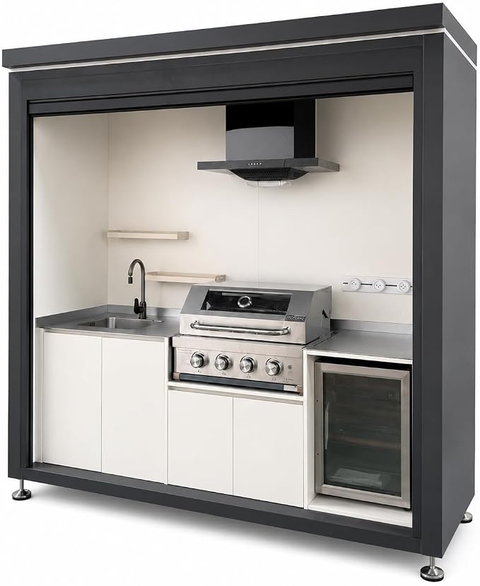 Sunnyjoy Modular Outdoor Kitchen, Premium Aluminum Cabinet System-1 | Standard edition with grill, sink & storage, durable weather-resistant design, includes roll-up set for protection