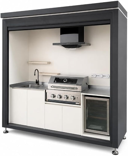 Sunnyjoy Modular Outdoor Kitchen, Premium Aluminum Cabinet System-1 | Standard edition with grill, sink & storage, durable weather-resistant design, includes roll-up set for protection