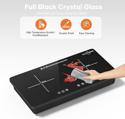 1800W Double Induction Burner, Minimal Cross-Pattern Panel, 2×900W Cooking Zones, Touch Control, 8 Power Levels, 1–99 min Timer, Durable Ceramic Glass for Magnetic Pots