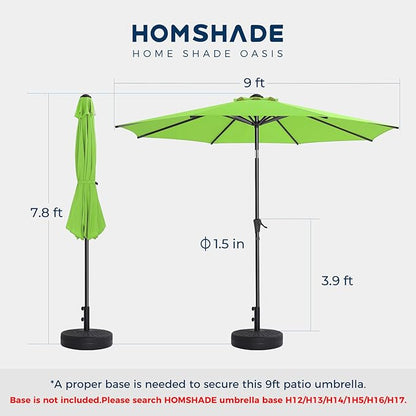 HOMSHADE 9ft Outdoor Patio Umbrella - Market Table Pool Deck Umbrella UPF50+ UV Protection with Push Button Tilt, Crank and 8 Sturdy Ribs (Green, No base)
