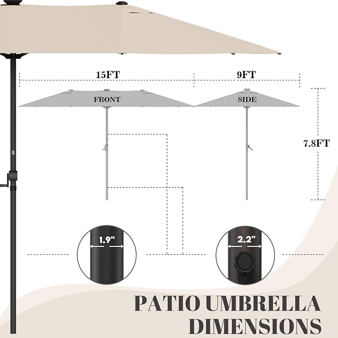 GDPFN 15ft Rectangular Patio Umbrella with Solar LED Lights, Double-Sided Outdoor Market Umbrella Extra Large Shade for Pool, Deck, Backyard, Garden, Beige (Base Not Include)