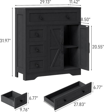 Vabches Farmhouse Storage Cabinet with 2 Doors and 4 Drawers, Freestanding Bathroom Storage Cabinet Kitchen Pantry, Floor Hutch Cupboard for Living Room/Bathroom/Kitchen,(Pure Black)