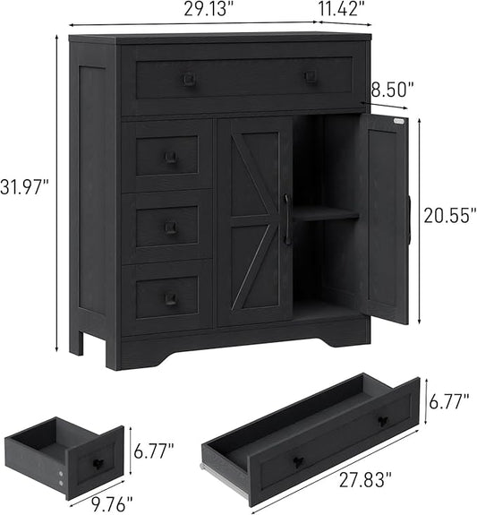 Vabches Farmhouse Storage Cabinet with 2 Doors and 4 Drawers, Freestanding Bathroom Storage Cabinet Kitchen Pantry, Floor Hutch Cupboard for Living Room/Bathroom/Kitchen,(Pure Black)