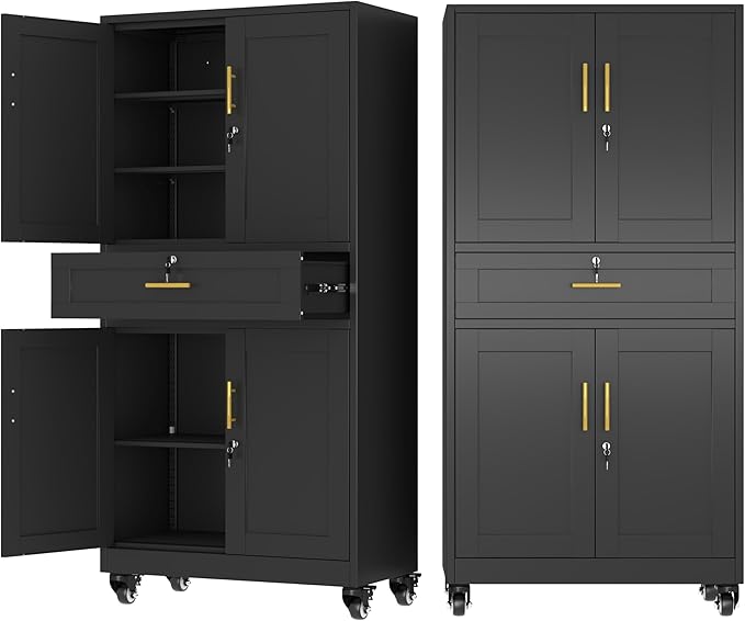 Ckzbx Metal Garage Storage Cabinet with Locking Drawers and Adjustable Shelves,71" H Steel File Cabinet with Wheels for Garage,Office (Black)