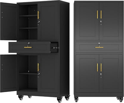 Ckzbx Metal Garage Storage Cabinet with Locking Drawers and Adjustable Shelves,71" H Steel File Cabinet with Wheels for Garage,Office (Black)