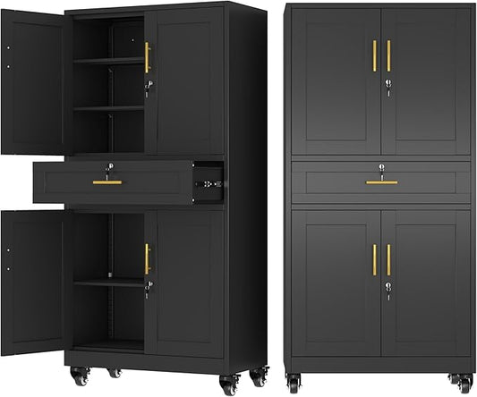 Ckzbx Metal Garage Storage Cabinet with Locking Drawers and Adjustable Shelves,71" H Steel File Cabinet with Wheels for Garage,Office (Black)