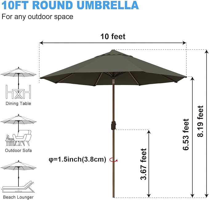 Eurmax USA 10-Year-Non-Fading 10FT Outdoor Patio Market Umbrella,UPF50+ UV Resistant Sun Shade,Heavy Duty Commercial Grade,Crank Lift&Tilt,Windproof Vented Top for Garden,Pool,Deck,Charcoal