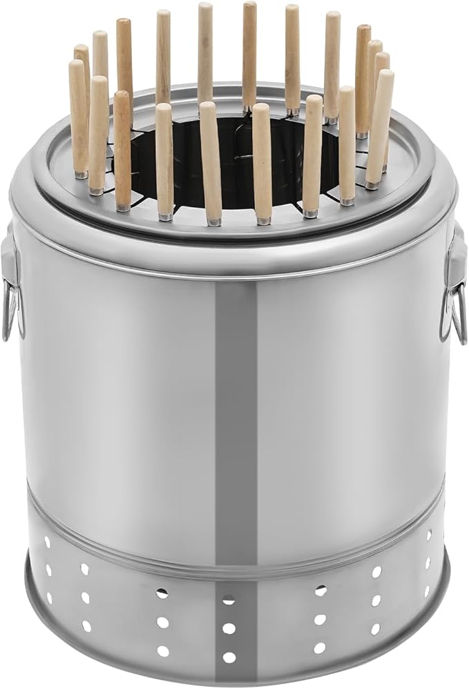Portable Smokeless Barbecue Charcoal Barrel Grill, Stainless Steel Surround Charcoal Kebab Grill with 20 Skewers for Picnics, Camping, BBQ, 13 x 15in