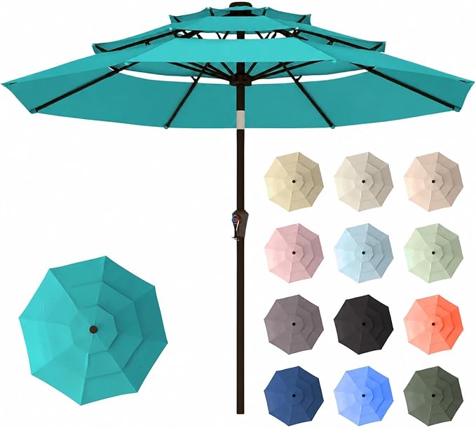 10ft Patio Umbrella, 3 Tier Outdoor Market Table Umbrellas with 8 Fiberglass Ribs and Push Button Tilt, Windproof, Vented Canopy, UV Protection for Deck, Pool, Backyard
