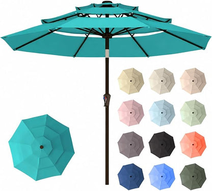 10ft Patio Umbrella, 3 Tier Outdoor Market Table Umbrellas with 8 Fiberglass Ribs and Push Button Tilt, Windproof, Vented Canopy, UV Protection for Deck, Pool, Backyard