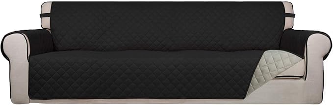 PureFit Reversible Quilted Couch Covers for Dogs Sofa Cover 4 Seater 88" | Black/Beige, Water Resistant Couch Protector, Washable Pet Couch Cover with Non Slip and Elastic Straps For Kids