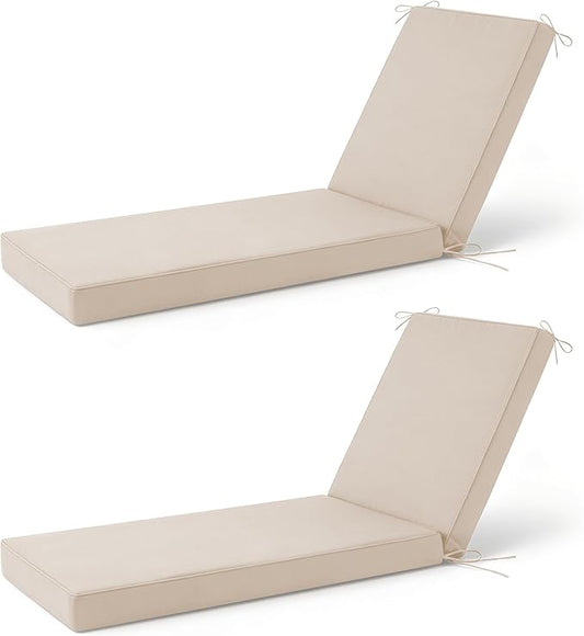 2 Pcs Chaise Lounge Cushions Outdoor Set of 2, 72x 21x 3 Inch Waterproof & Fade-Resistant Lounge Chair Cushion, Outdoor Chaise Cushion with Ties for Lawn, Patio, Pool & Beach, Beige