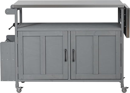 JIVOIT Outdoor Fir Wood Kitchen Island with Foldable Stainless Steel Top, Patio Mobile Kitchen Cart Portable Outdoor Cooking Island with Lockable Wheels, Storage Cabinet and Towel Rack (Gray/124)