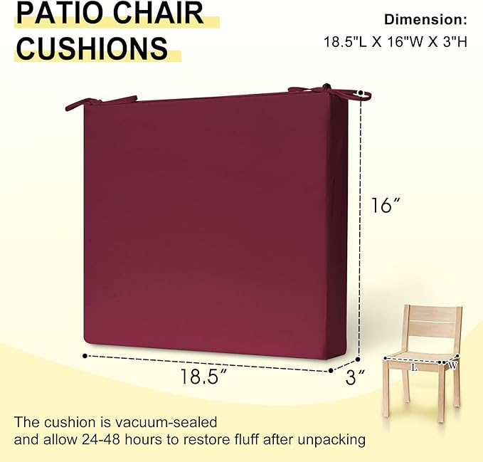 downluxe Outdoor Chair Cushions Set of 2 for Patio Furniture, Water-Resistant Square Corner Patio Chair Cushions with Ties, High Density Foam Outdoor Seat Cushion, 18.5" X 16" X 3", Burgundy