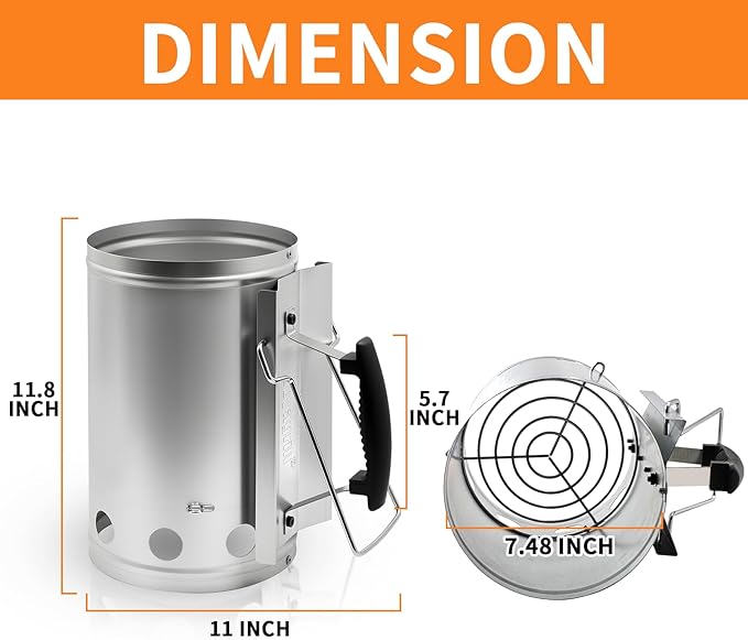 Charcoal Chimney Starter with Firelighters, XL 7.5X12 Chimney Starter, Tilted Handle Design for Safe Outdoor Grilling & Camping, Silver