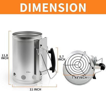 Charcoal Chimney Starter with Firelighters, XL 7.5X12 Chimney Starter, Tilted Handle Design for Safe Outdoor Grilling & Camping, Silver