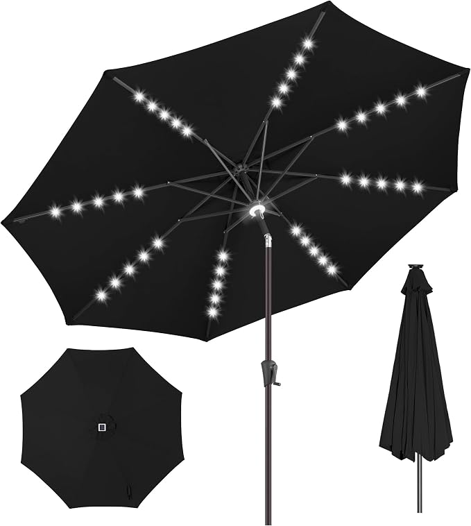 Solar Patio Umbrella Outdoor with Centre Light, 11 ft Black | 40 LED Lights, UV Protection, Solar Outdoor Umbrella for Porch, Deck, Pool, Table, Garden, Provides Evening Lighting