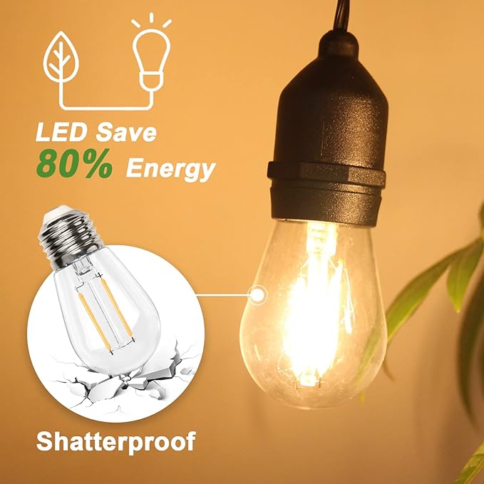 BRIMAX 12FT Outdoor String Lights with 5 LED Bulbs 2W Shatterproof Edison Bulb Commercial Grade Waterproof Outside Light 2700K Warm White for Bistro Gazebos Porch Patio Garden