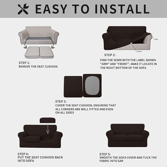 ISSUNTEX 3 Pieces High Stretch Thicken Loveseat Couch Covers, Soft Sofa Slipcover for 2 Separate Cushion Couch, Jacquard Fabric Elastic Sofa Cover Furniture Protector for Dogs (Loveseat, Chocolate)