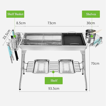Large Barbecue Grill Stainless Steel BBQ Charcoal Grill Smoker Barbecue Folding Portable for Outdoor Cooking Camping Hiking Picnics Backpacking with Baking Tray 73 * 70 * 33cm