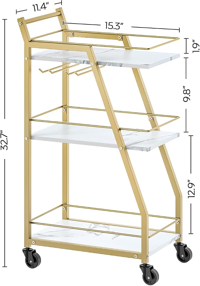 Bar Cart, 3-Tier Home Bar Serving Cart with Wheels, Drink Cart with Glass Holder, Beverage Cart, Rolling Kitchen Cart, for Home, Living Room, Gold BC03DW