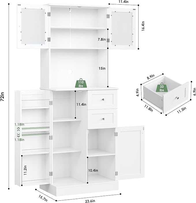 BOTLOG 72" Tall Kitchen Pantry Storage Cabinet with 4-Tier Door Shelves | Kitchen Hutch Cabinet with 2 Drawers, Frosted Glass Door for Dining Room, Modern White, Space-saving, apartment, small room