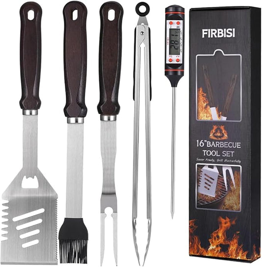 Grilling Accessories - 16 Inch BBQ Accessories Grill Gifts for Men, Barbecue Grilling Tools Utensils Set with Spatula, Fork, Brush, Tongs, Thermometer